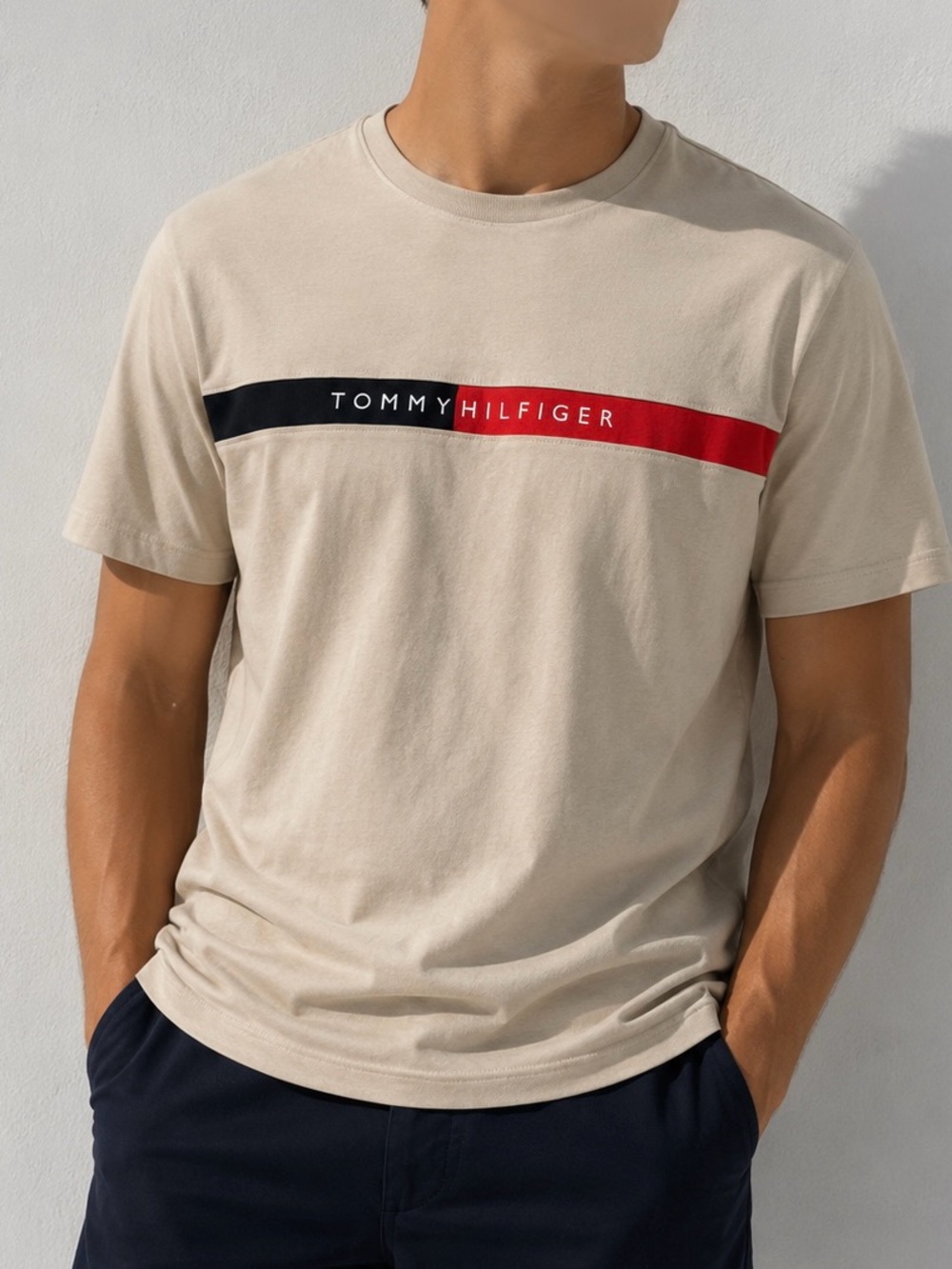 Tommy Hilfiger Men's Beige Crewneck T-Shirt with Black and Red Stripe